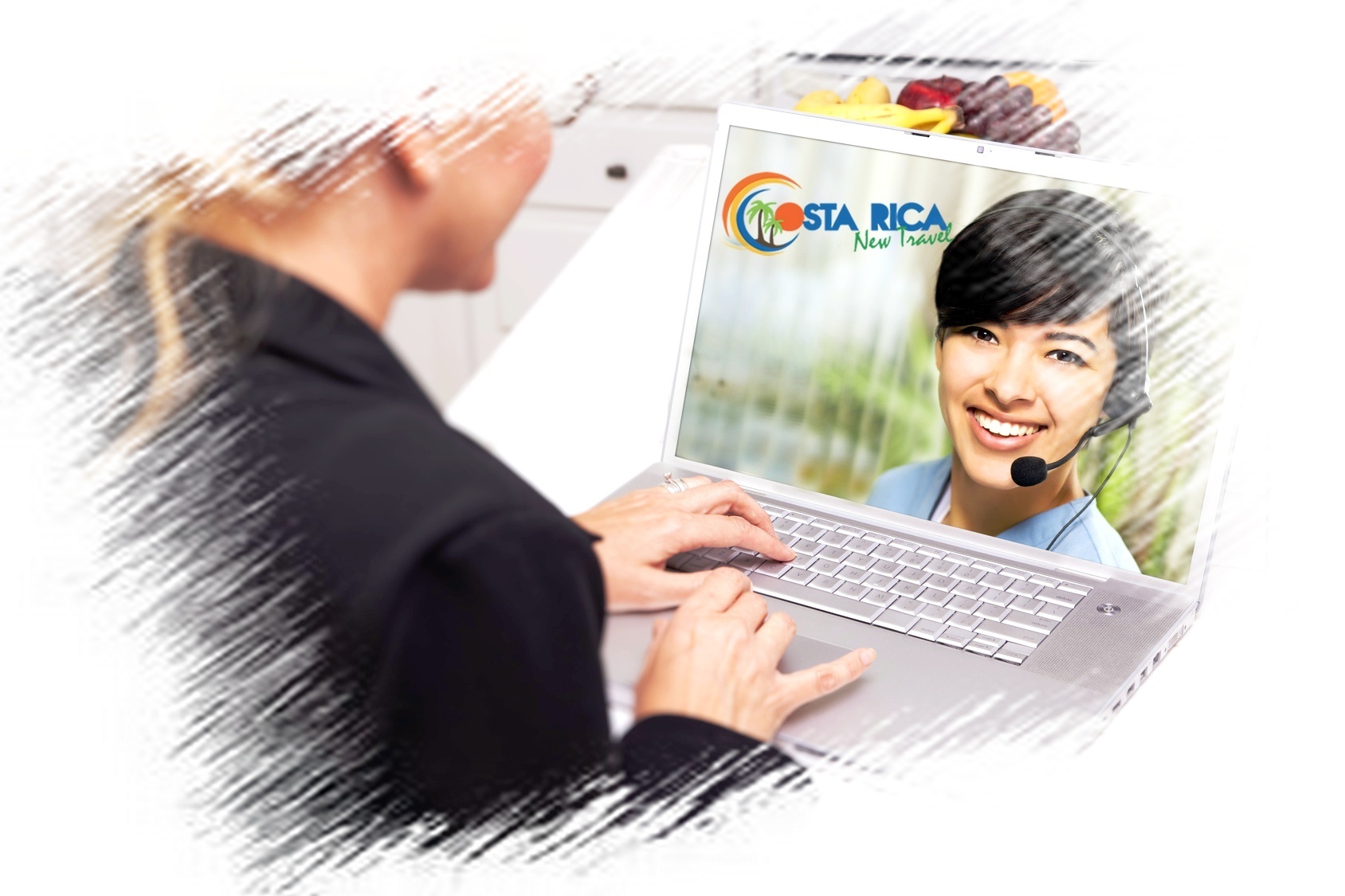 Over Shoulder of Woman In Kitchen Using Laptop - Online Chat with Nurse or Doctor on Screen.